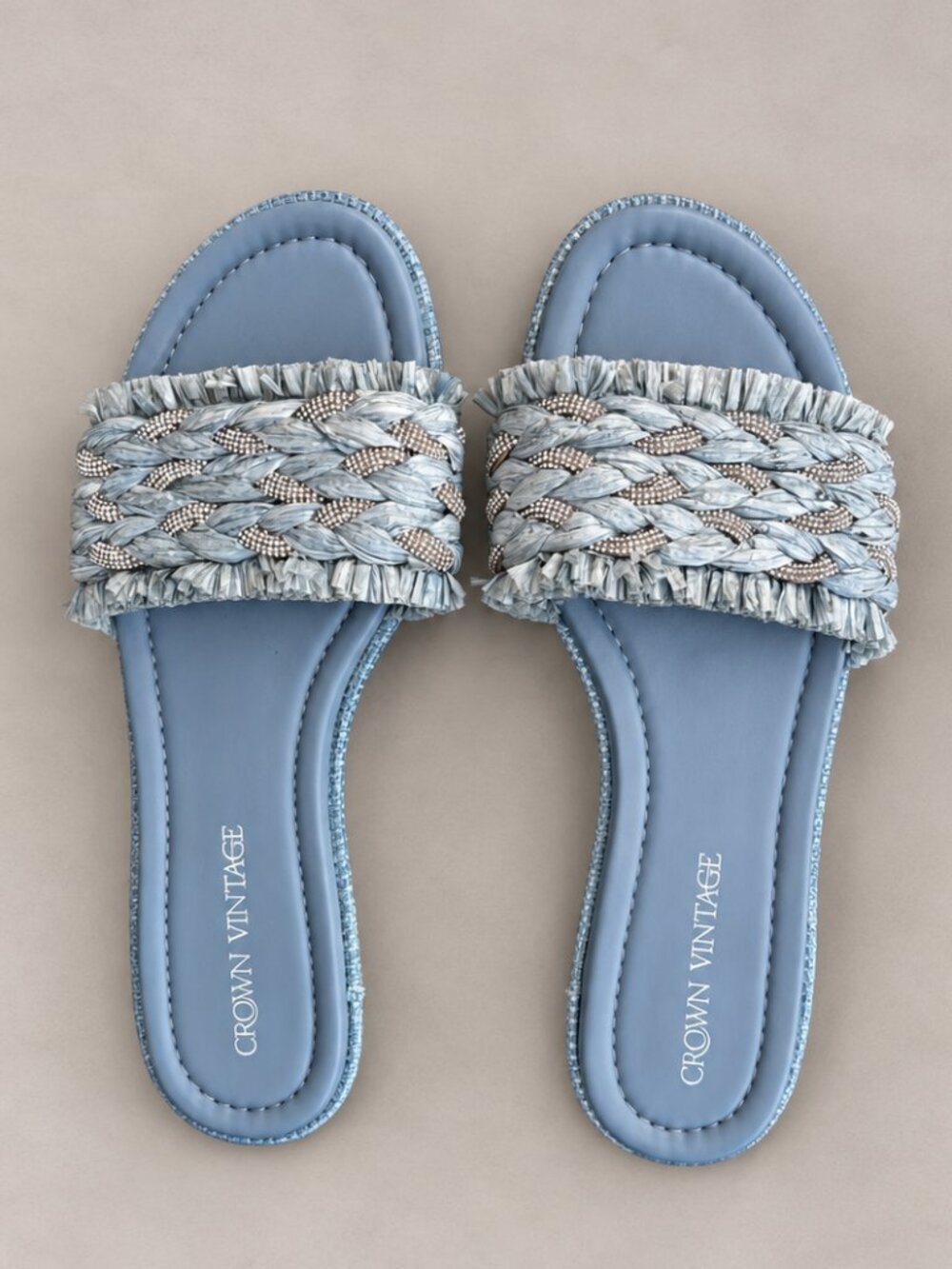 Crown Vintage Braided Rhinestone Fringe Slide Sandals Blue Size 11